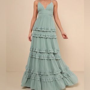 Lulus Lavish Perfection Sage Green Ruffled Tiered Maxi Dress